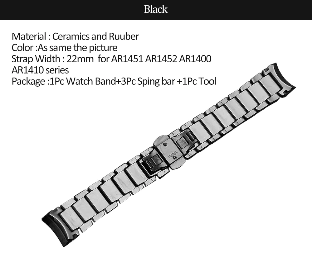 pulseira de relógio 22mm com fecho borboleta para ar1451 ar1452