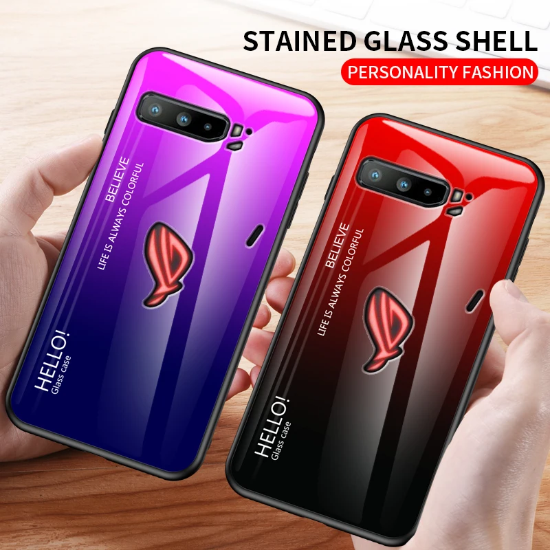 For ASUS ROG 3 5G Case Gradient Tempered Glass Soft Silicone Edge Hard Cover Phone 5 Coques Fundas | Мобильные телефоны и