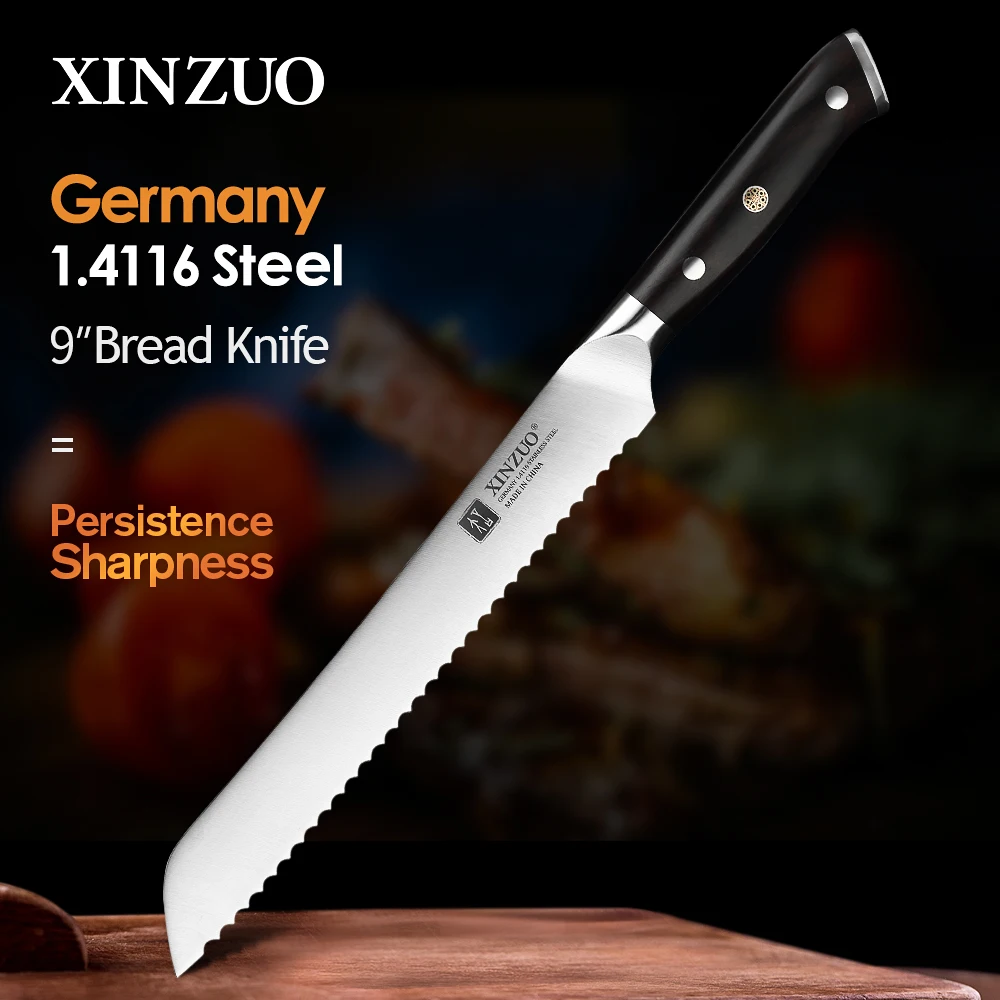 

XINZUO German 1.4116 Stainless Steel 9'' Bread Knife 58HRC Serrated Design Cutter Tool For Cutting Bread Cheese Cake Gift Box