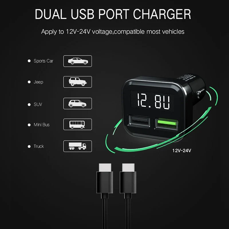 Быстрое зарядное устройство QC3.0 с двумя портами usb для автомобиля, измерение напряжения, адаптер для быстрой зарядки