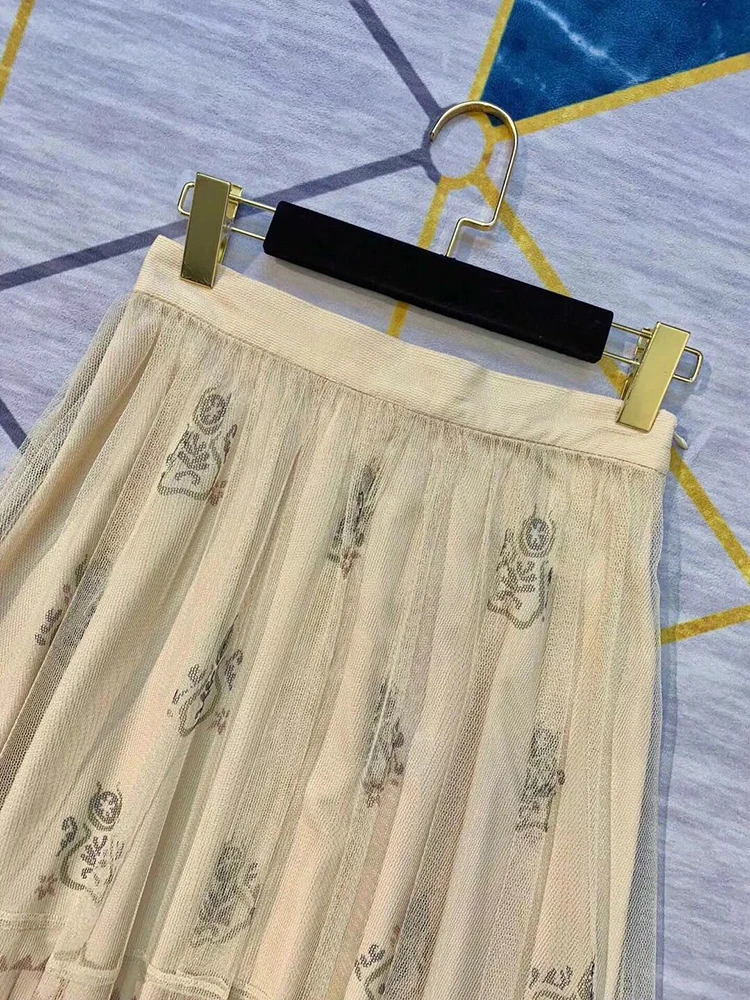 LINGHAN элегантная сетчатая юбка с принтом женская Праздничная Высокая талия большая Расклешенная юбка дизайнерская Осенняя Новинка