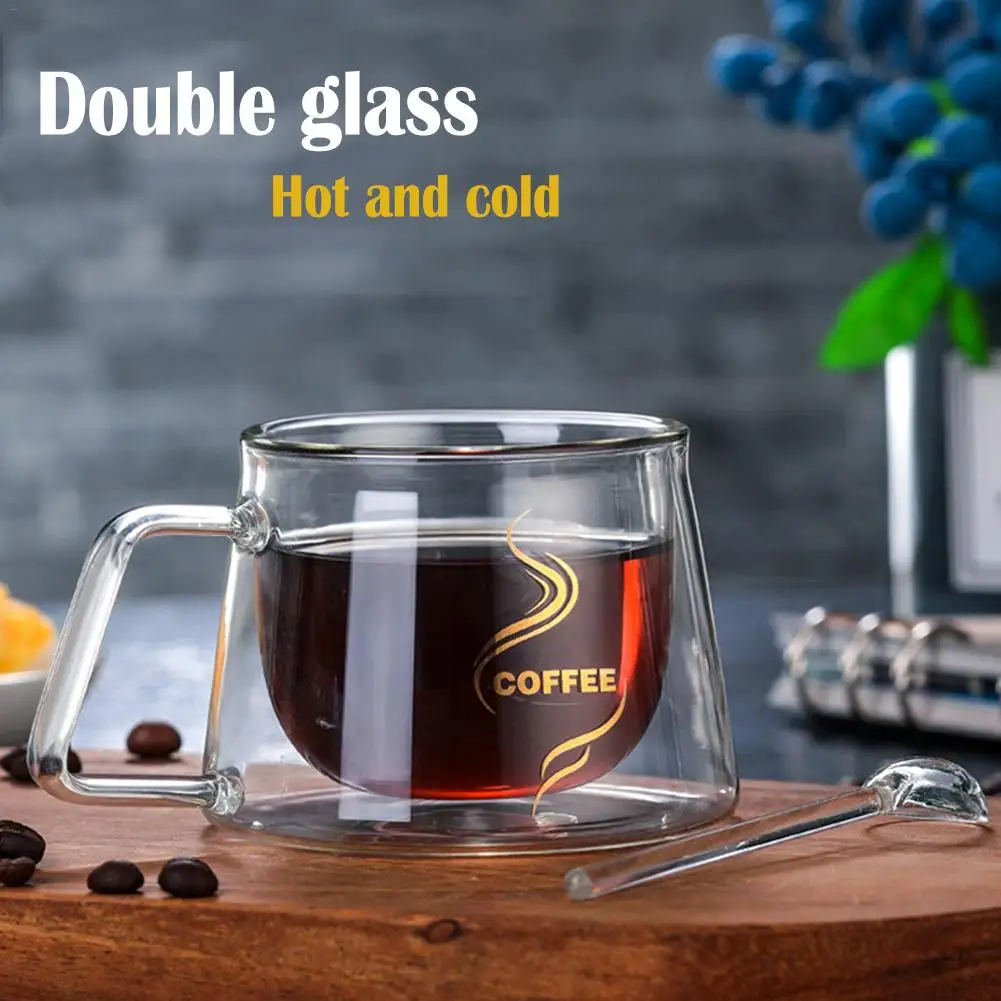 High-Borosilicate Double-Layered Spoon Coffee Cup Heat-Resistant Insulated Glass Drinking Cup Cold& Hot Dual Use Water Cup