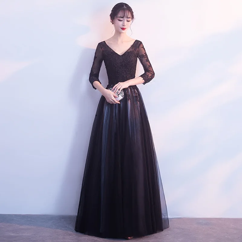 Черные футболки с v-образным вырезом Вечерние Платье XS-XXL женское длинное вечернее Ципао с цветочным узором на свадьбу, полу-Длина Qipao, элегантное платье, для детей; Одежда для девочек; Vestido