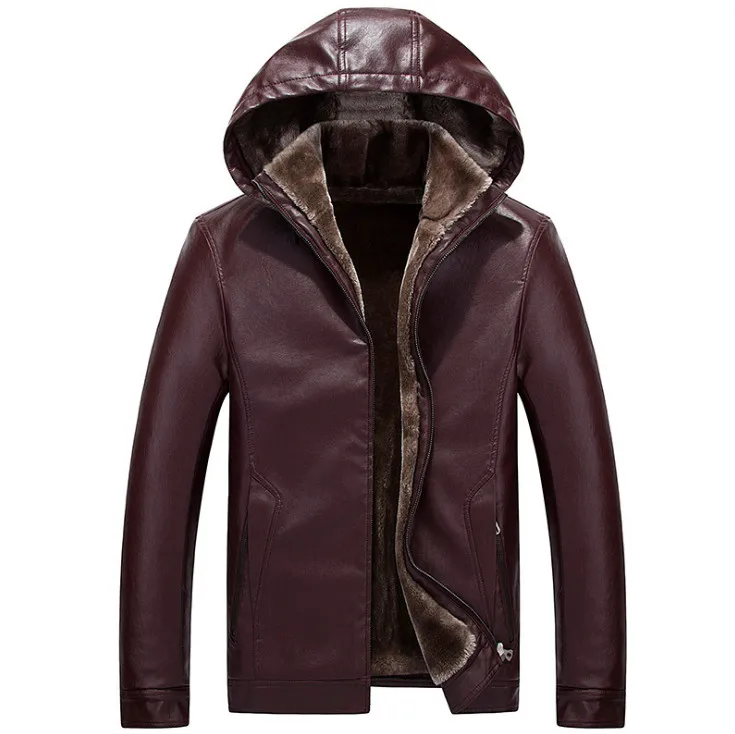 Зимняя кожаная мужская куртка высшего качества, пальто из искусственного меха, новые толстые повседневные мужские кожаные куртки с капюшоном - Цвет: Красный