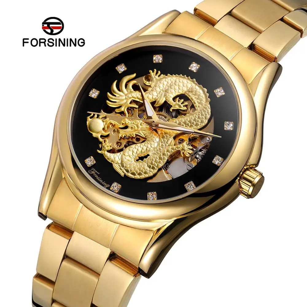 

Forsining Classic Dragon Design Gold Stainless Steel Diamond Display Men Automatic Wrist Watches Top Brand Luxury Montre Homme