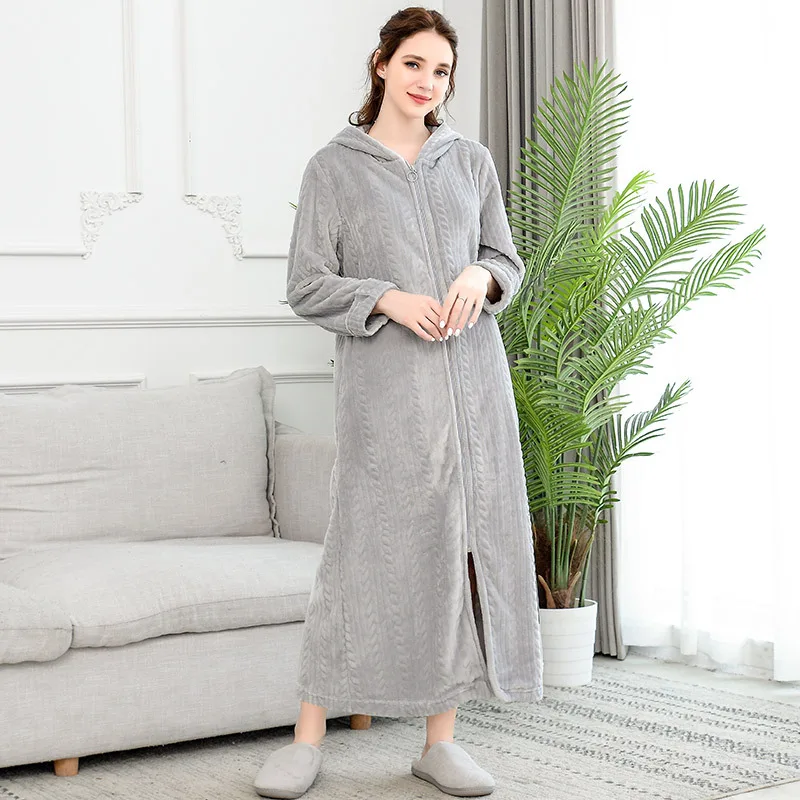 Men Women Extra Long Winter Warm Nightgown Plus Size Pregnant Zipper Sleepshirts Luxury Soft Grid Flannel Thermal Dressing Gown - Color: Women gray