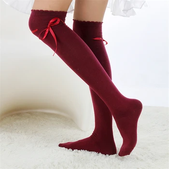 

Women Knee Socks Women Cotton Thigh High Over The Knee Stockings For Ladies Silk Ribbon for ladies long socks knee stockings