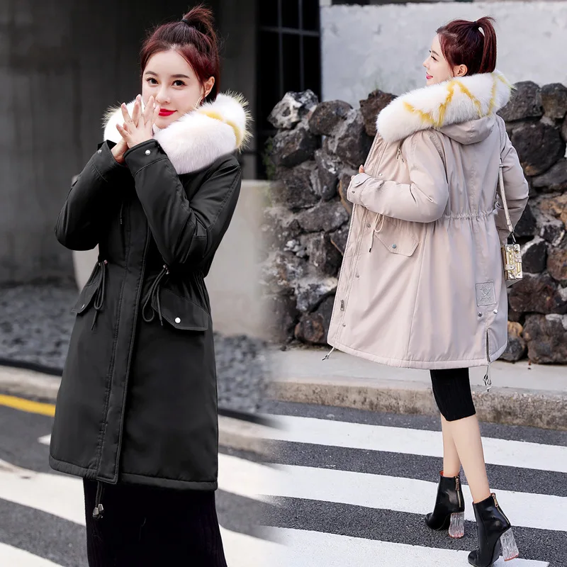 

2019 Winter New Style Sweet College Style Waist Hugging Thick plus Velvet Hooded Women's Slim Fit Cotton Coat Clothing Middle Lo