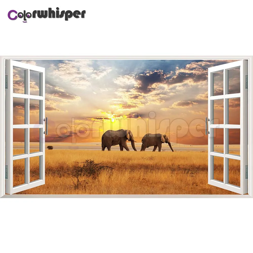 Алмазная живопись Z788 полноразмерная/круглая вышивка закат окно слон 5D Вышивка