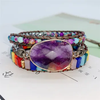 

Bohemian Style Natural Stones Handmade Beaded Bracelets Fashion Multi-layer Leather Wrap Bracelet Jewelry for Female Party Gift