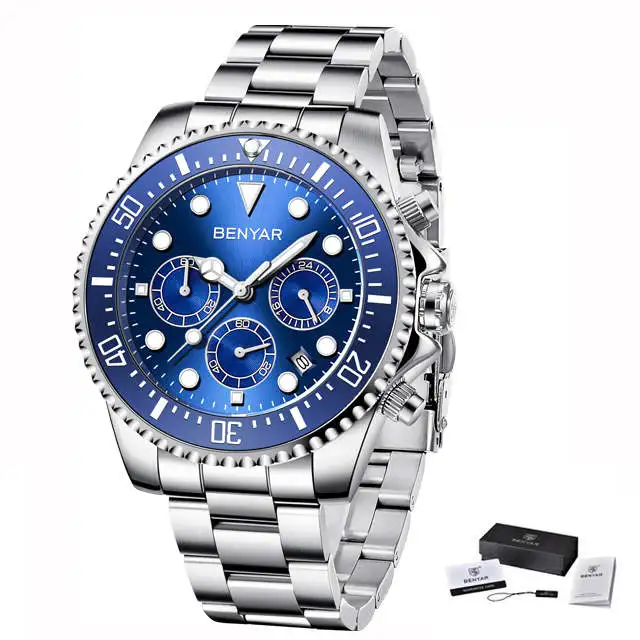 BENYAR мужские повседневные спортивные часы Топ бренд Роскошные армейские военные мужские наручные часы из нержавеющей стали Relogio Masculino - Цвет: Silver blue