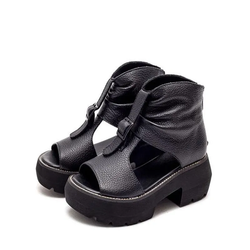 Sandali Vintage in vera pelle tacco medio estate bocca di pesce scarpe da donna scarpe estive sandali Casual madre  322