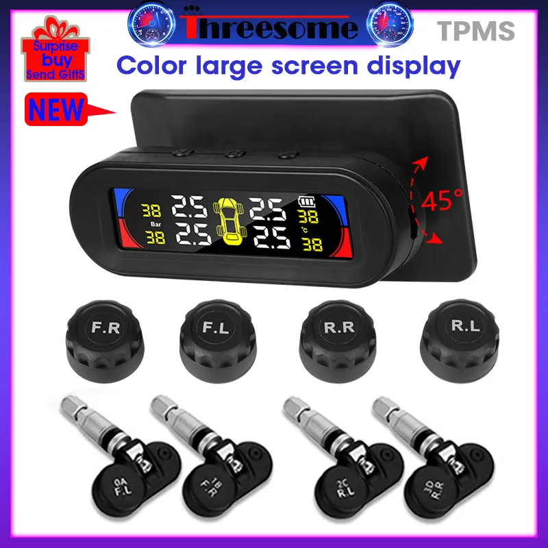 

TPMS color large screen wireless tire pressure temperature alarm monitoring system solar charging IP67 waterproof tpms sensors