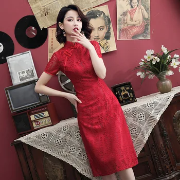 

Summer 2020 New Fashion Women Sexy Lace Qipao Cheongsam Mandarin Collar Chinese Elegant Dress Slim A Line Lady Party Red Dress
