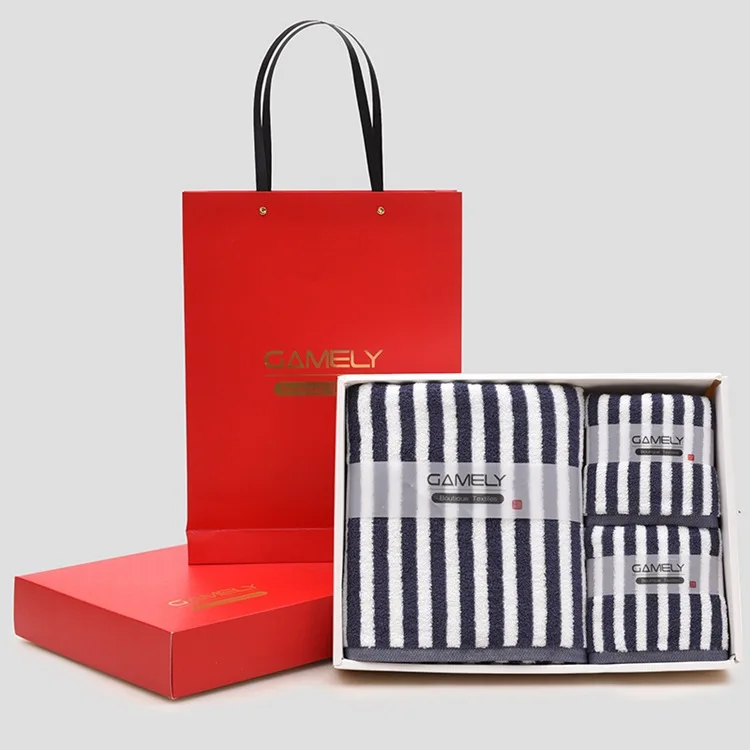 Yarn-dyed Jacquard Long-staple Cotton Stripes Towel Red Gift Box Hair Bath Three-piece Set Top Grade Business Gift Towel