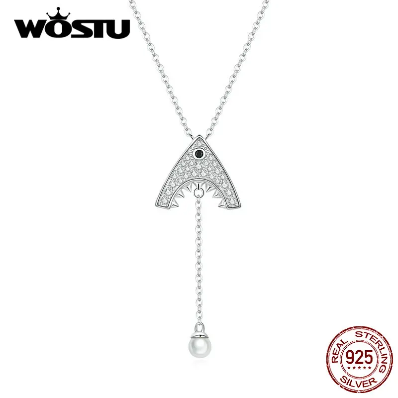 WOSTU подлинное 925 пробы Серебряное ожерелье с акулой длинной цепью звено для женщин прозрачное циркониевое ожерелье модные вечерние ювелирные изделия BKN369