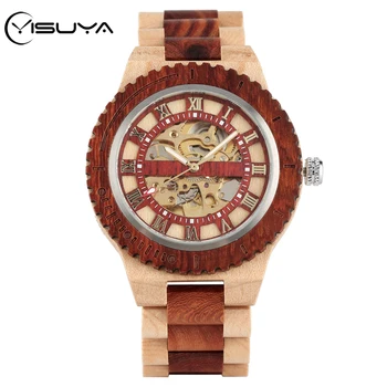 

YISUYA Gearwheel Mixed Wood Bangle Wristwatch Automatic Mechanical Roman Numerals Display Wooden Watch Self-Winding Luxury Clock