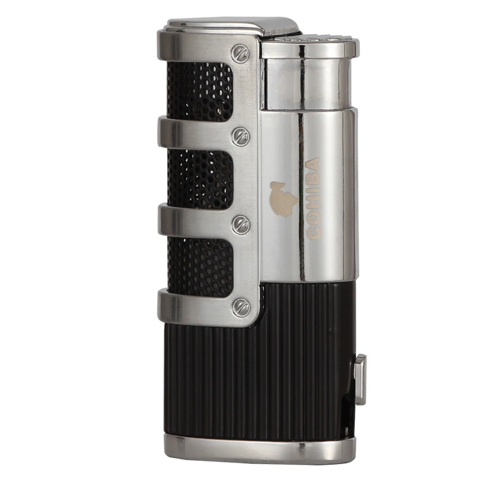 COHIBA 3 струйный фонарь Зажигалка для сигар ветрозащитная металлическая карманные зажигалки бутан многоразового пламени сигарета газовая зажигалка W/сигары удар - Цвет: BLACK