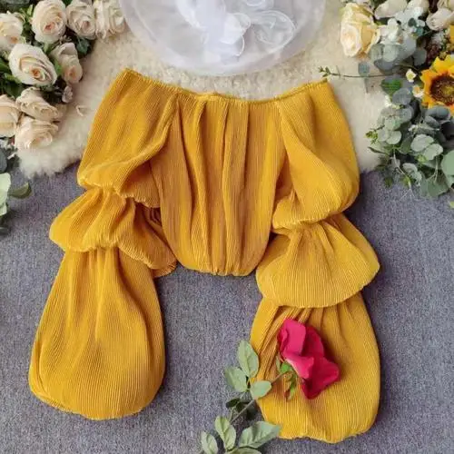 yellow Neply Сексуальная Блузка без бретелек с вырезом через плечо женская дизайнерская шифоновая рубашка в складку фонарь с длинным рукавом осень тонкий Blusas 46784 - Цвет: yellow