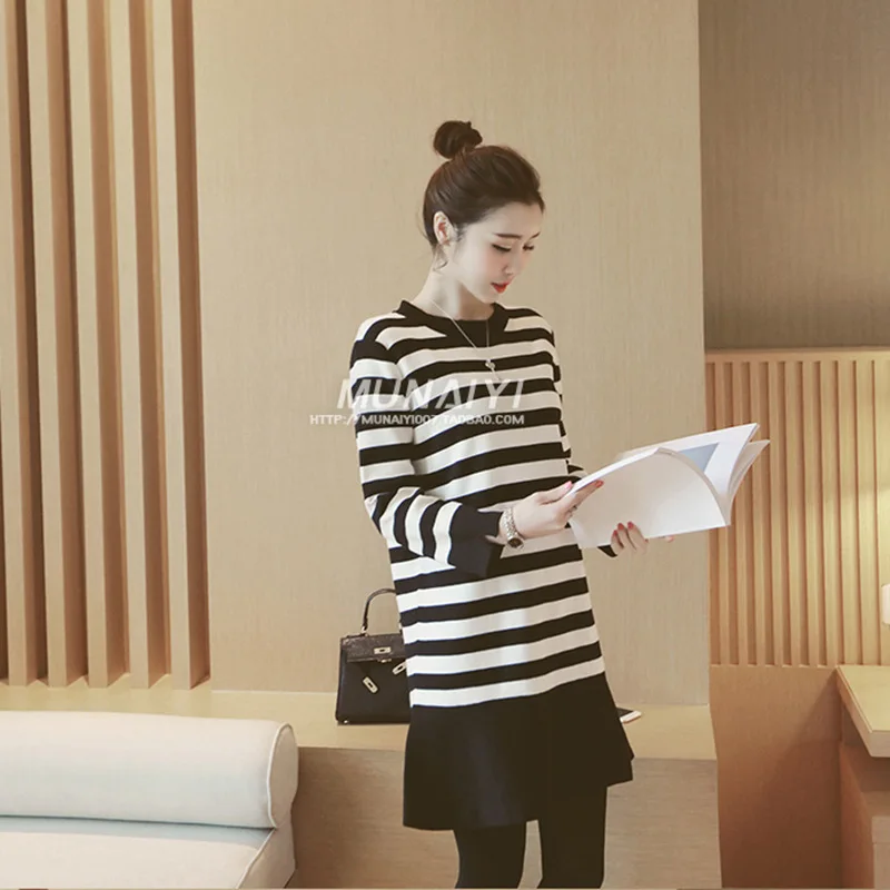 

Maternity Clothes Autumn Korean-style Fashion New Style Bow Hollow out Crew Neck Stripes Pregnant Women Dress