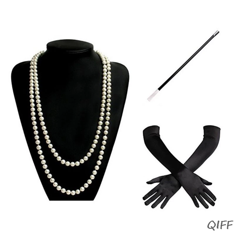 1920s Charleston Flapper, костюм для девочек, нарядное платье, имитация жемчуга, ожерелье из бисера, длинные черные перчатки, держатель для сигарет для женщин