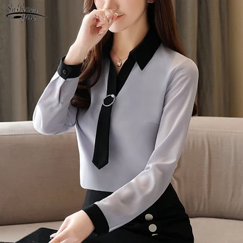 

New Spring Fashion Blusas Mujer De Moda 2020 V Neck Long Sleeve Chiffon Shirt Women Office Lady Solid Pullover Blouse 8487 50