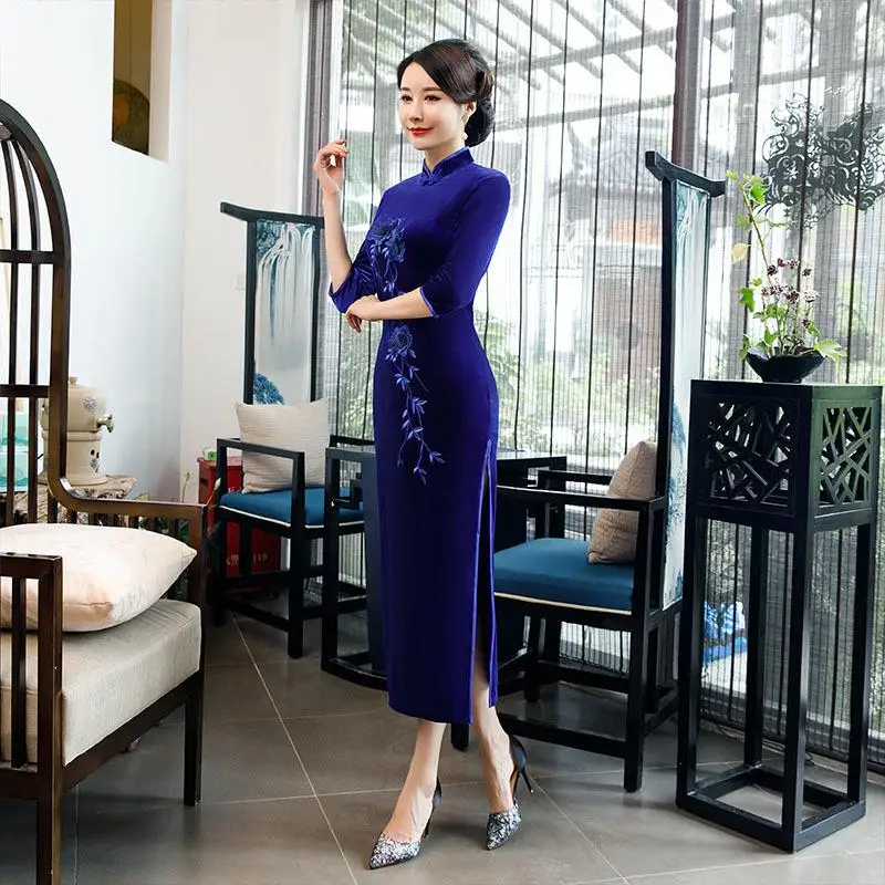 Сексуальное женское элегантное вечернее платье Cheongsam большого размера 3XL-5XL, винтажное велюровое зимнее платье на пуговицах, новинка Qipao, платье с высоким разрезом - Цвет: Style 3 Blue