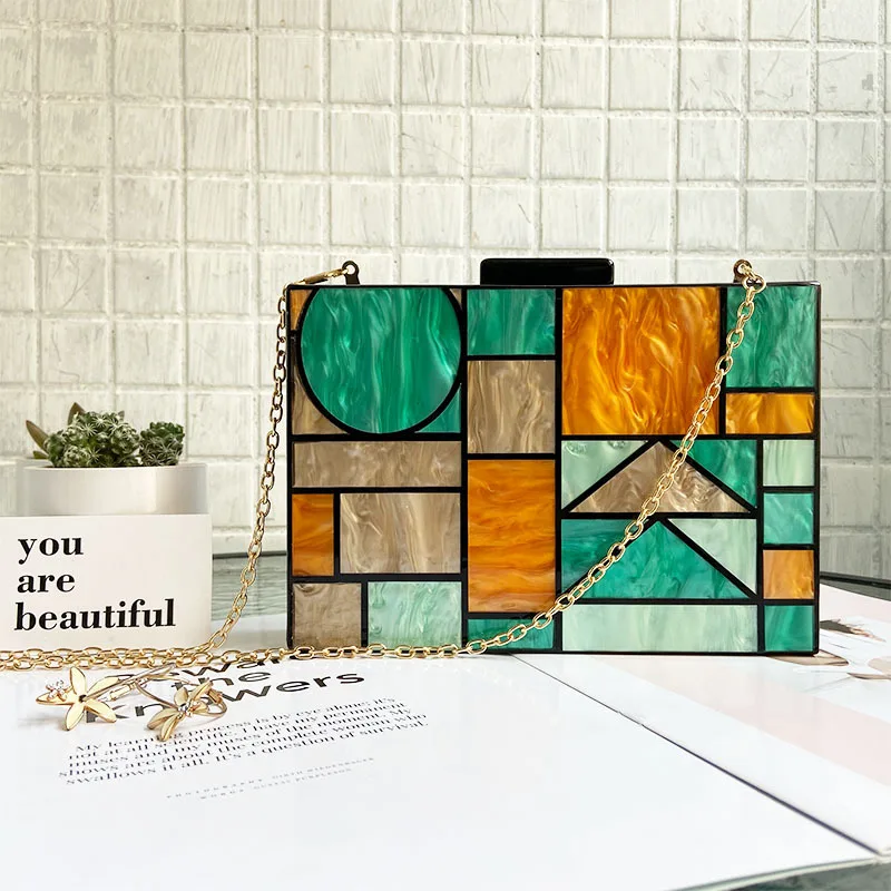  2019 New Brand Acrylic Patchwork Evening Bags Vintage Women Messenger Bags Geometric Pattern Clutch - 32953338695