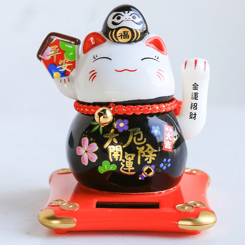 4,2 дюймов, керамическая фигурка счастливого кота Дарума на солнечной батарее, рукопожатие, поманивающая удачу, кошка, домашний автомобильный декор, богатство, Maneki Neko