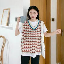 Весенне-осенний вязаный свитер, жилет для женщин, без рукавов, v-образный вырез, Свободный Трикотаж, топы, модный геометрический узор, женские пуловеры