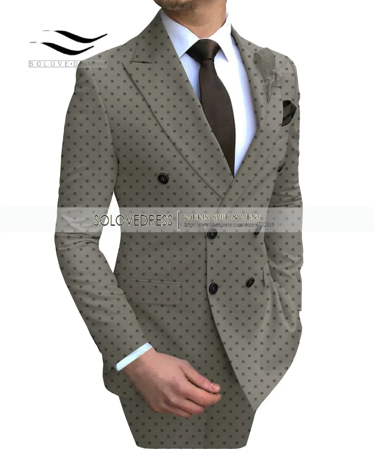 Grey Men's 2 Pieces Poika dot Bussiness Suit Double Breasted Regular Fit Notch Lapel Prom Tuxedos For Wedding/Party(Blazer+Pants - Color: Grey