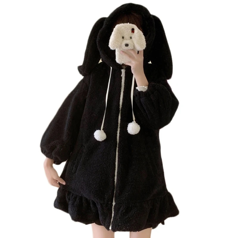 2021 Women Winter Long Sleeve Fuzzy Hooded Jacket Harajuku