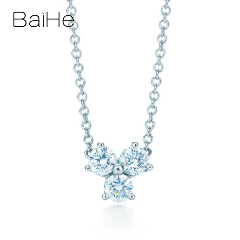 BAIHE Solid 18K White Gold Certified H/SI About 0.36ct Genuine Natural Diamonds Women Fine Jewelry Wedding Gift Necklaces