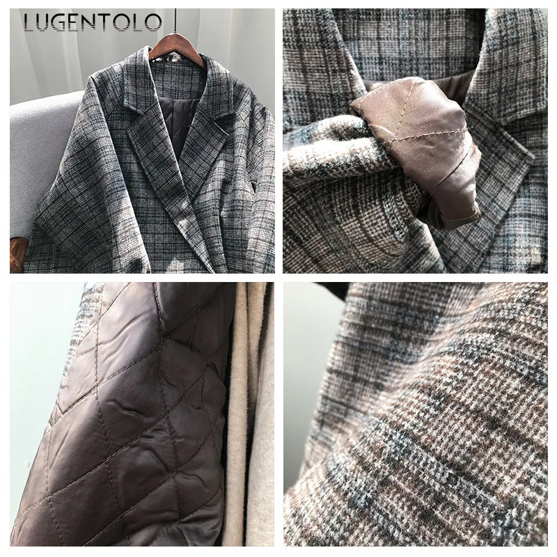 Lugentolo, Женское шерстяное осенне-зимнее шерстяное пальто, свободное повседневное корейское винтажное клетчатое элегантное пальто средней длины с отложным воротником