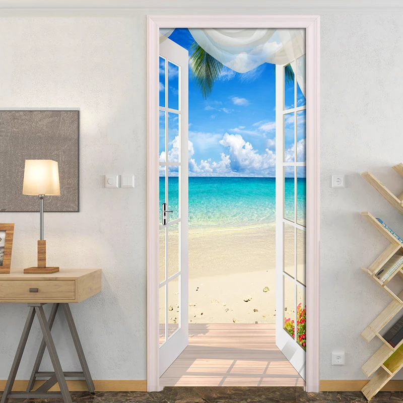 Creative 3D Removable Door Stickers Livingroom Wall Decoals Sea View Pattern 