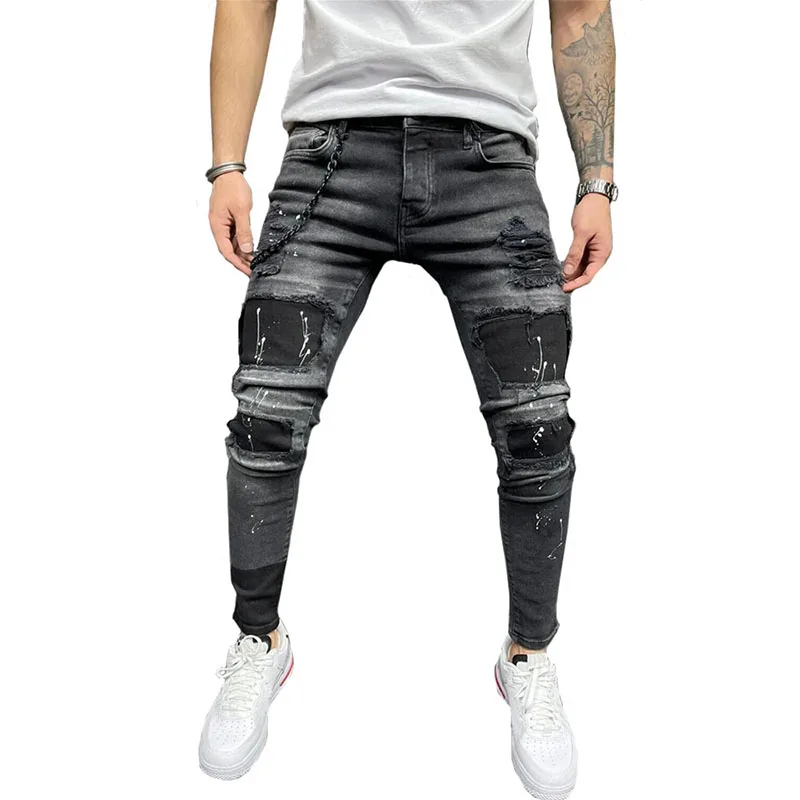 jeans Men Ripped Skinny Zipper Jeans Black Patchwork Biker Pencil Pants Street Man slim fit Denim Pants Hip Hop Draped trousers