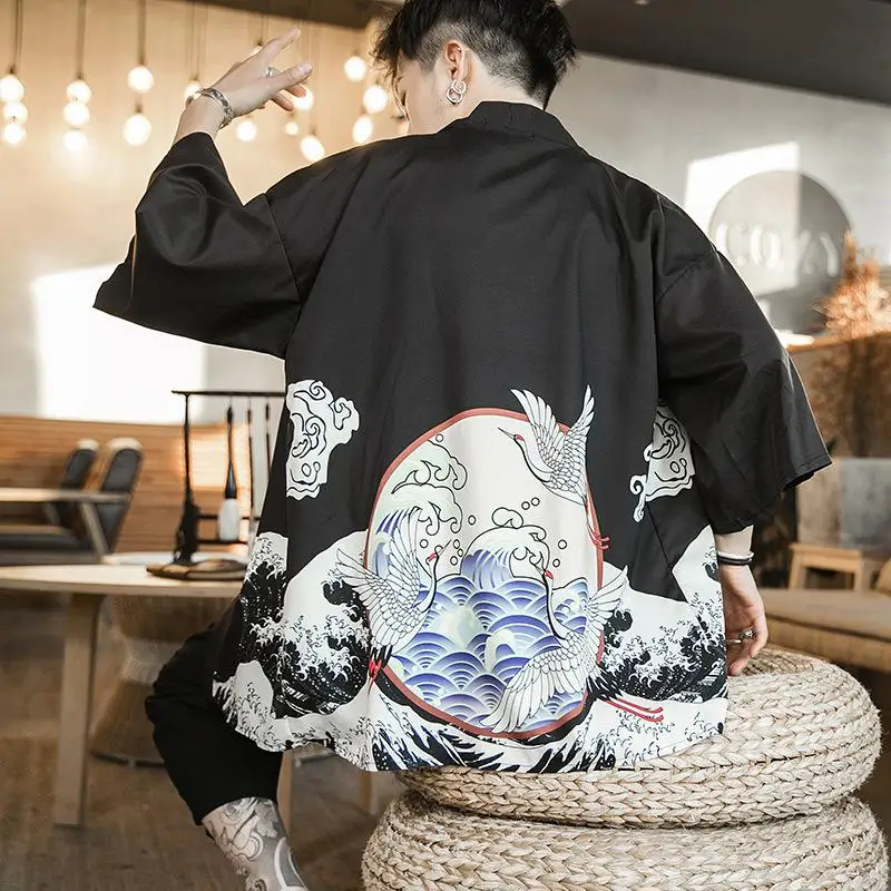 Свободные новые мужские кимоно с принтом кардиган одежда китайский стиль самурайский солнцезащитный крем Haori рубашка плюс размер уличная костюмы для косплея - Цвет: Style B