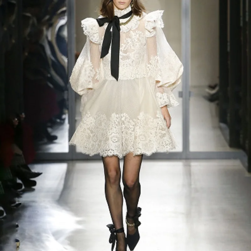 

Brand Designer 2019 Fall Luxury Ruffles Sexy Perspective Mini Lace Dress Women Puff Sleeve Bow Embroidery Vintage Dresses