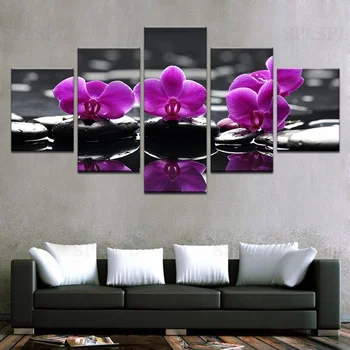 

Canvas HD Prints Pictures For Living Room Home Decor 5 Pieces Spa Stones Moth Orchid Flowers Paintings Wall Art Poster