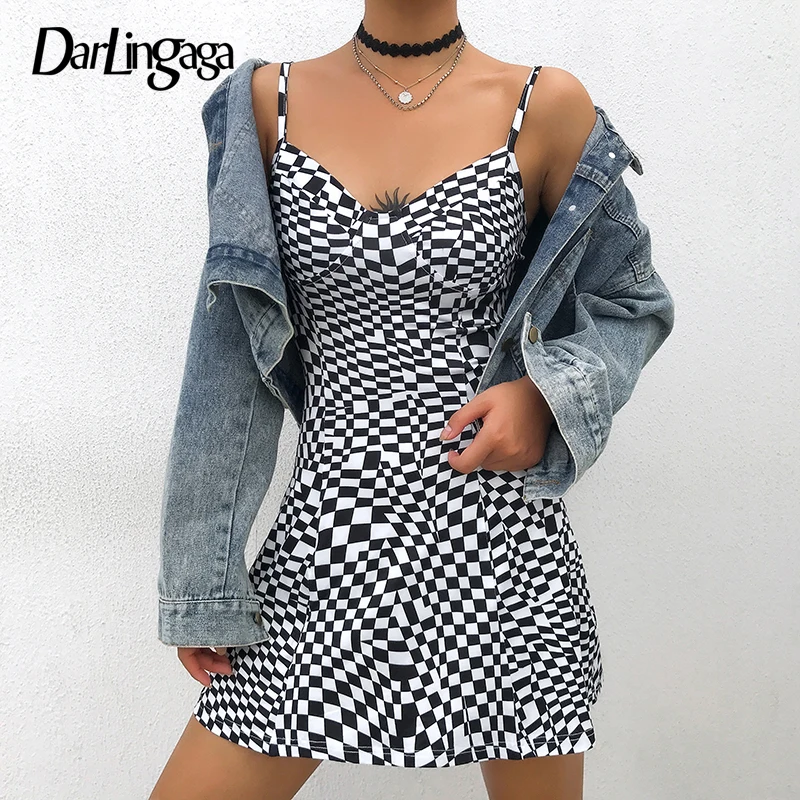 

Darlingaga V Neck Checkerboard Summer Dress Strap Backless A-line Casual Dress Women Fashion Checkered Dresses Sundress Vestidos