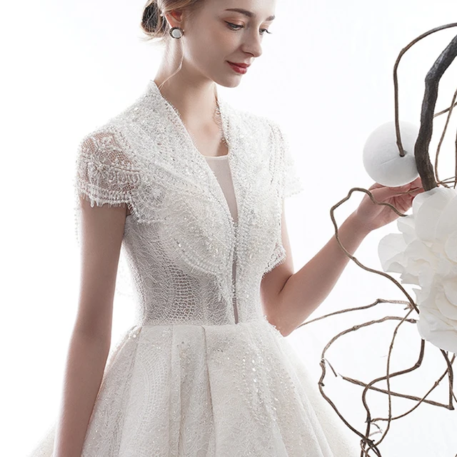 LDR40 White Short Sleeve Wedding Gown 2021 New Style Trailing Bridal Hollow Out See-through Lace Beaded Dress Свадебное платье 4