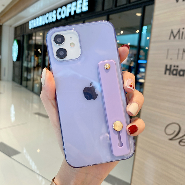 Candy Transparent Wrist Strap Soft Stand Phone Case For Iphone 12 Mini 11 Pro MAX X XR XS SE 7 8 Plus Shockproof Cover