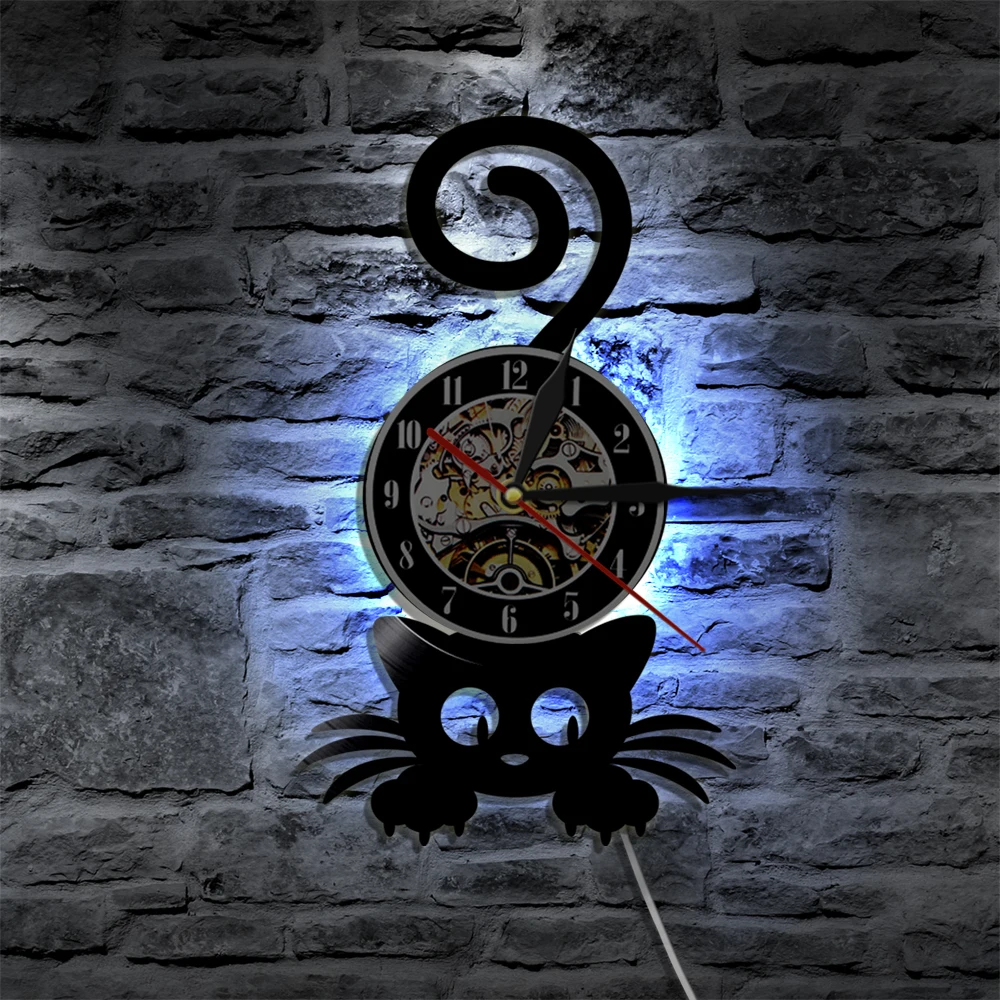 Сумасшедшая кошка леди стены искусства силуэт котенок кошка с забавным хвостом домашний декор настенные часы черный котенок виниловая Запись часы Кошка Любимая