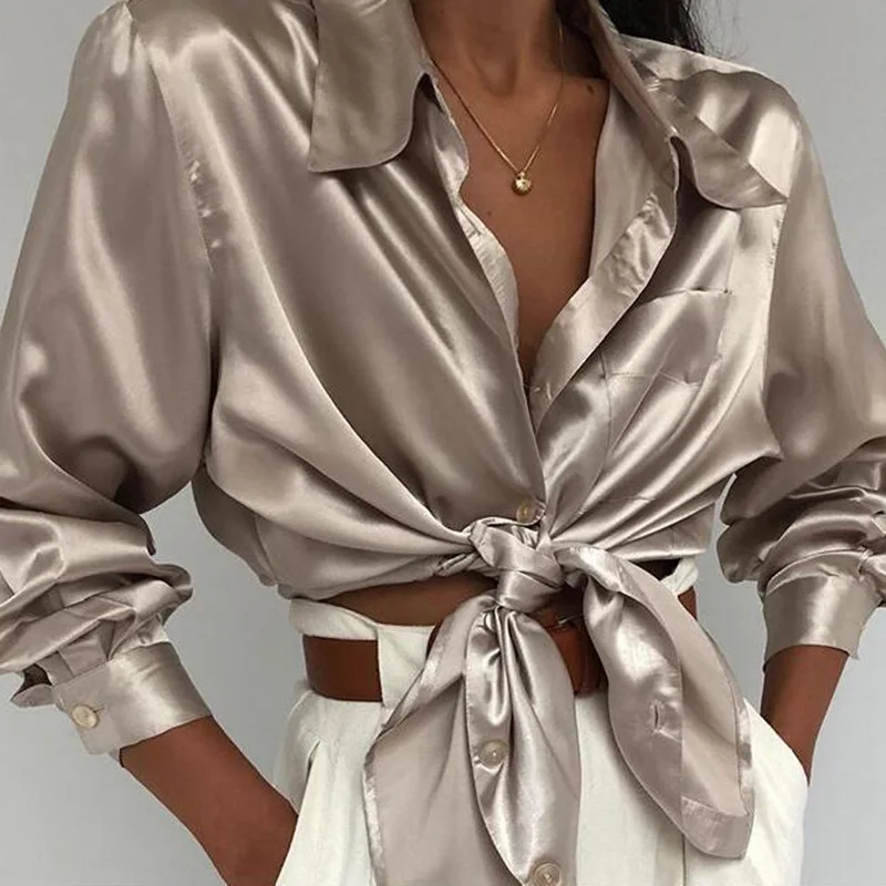 

Women long sleeve satin t shirt Turn down collar button designed tshirt Streetwear solid color shirt female blusas