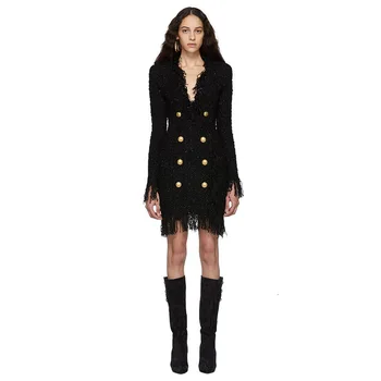 

2020 Autumn Winter Tweed Wool Dress Women Long Sleeve Runway Designer Woolen Clothes V Neck Tassels High Quality Dresses Female
