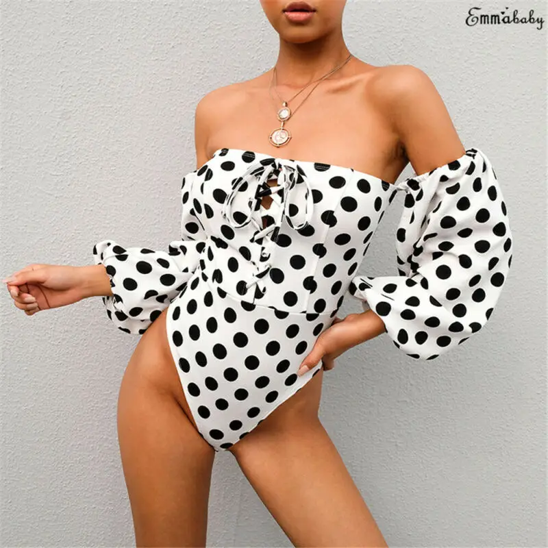 2020 Women Strapless Off The Shoulder Bodysuit Long Sleeve Polka Dot Romper Jumpsuit Slim Leotard Body Top Womens Bodysuits 2020 Women Strapless Off The Shoulder Bodysuit Long Sleeve Polka Dot Romper Jumpsuit Slim Leotard Body Top Womens Bodysuits