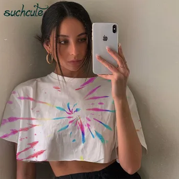

SUCHCUTE Tie Dye female t-shirt white wild tee loose summer 2020 gothic streetwear plus size casual Splash ink women outfits