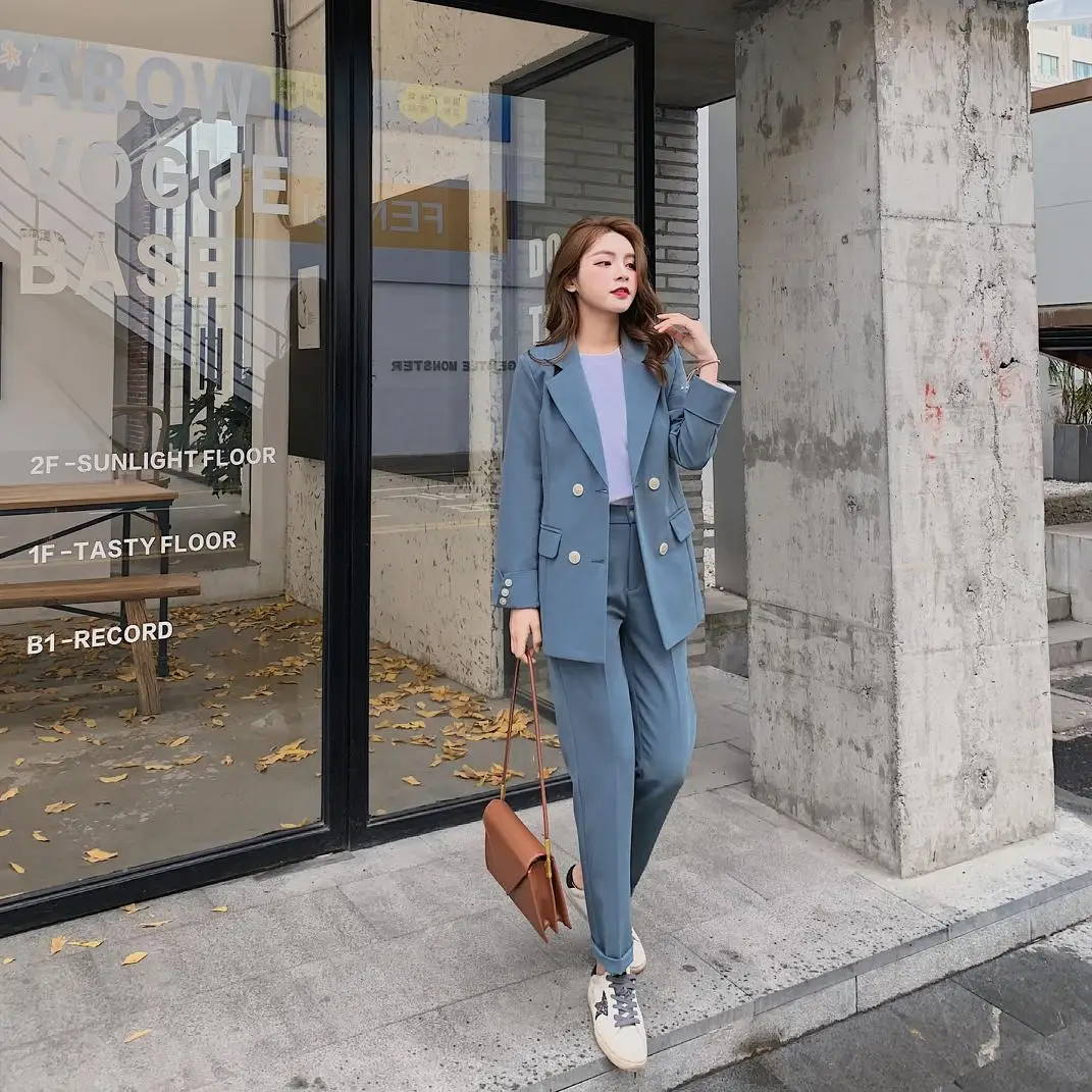 

Casual Solid Women Pant Suits Notched Collar Blazer Jacket & Pencil Pant Female Suit Spring Autumn high quality