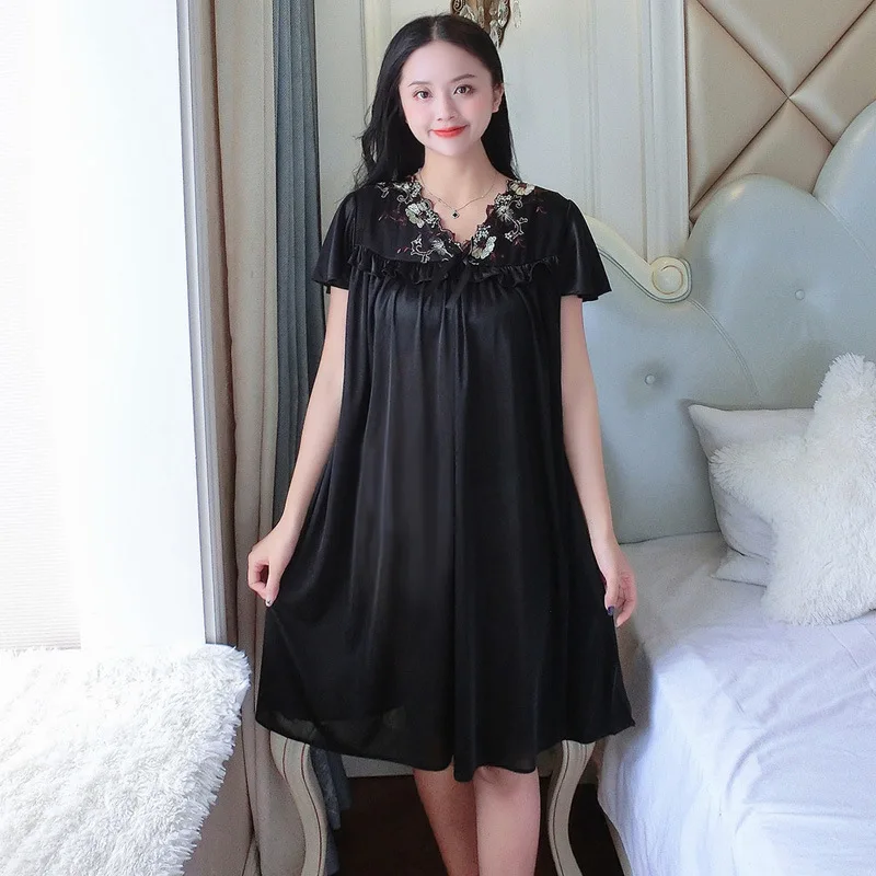 3XL Women Nightgown Summer New Sleepwear Sleep Dress Lace Loose Short Sleeve Nightdress Lingerie Silk Satin Home Dressing Gown