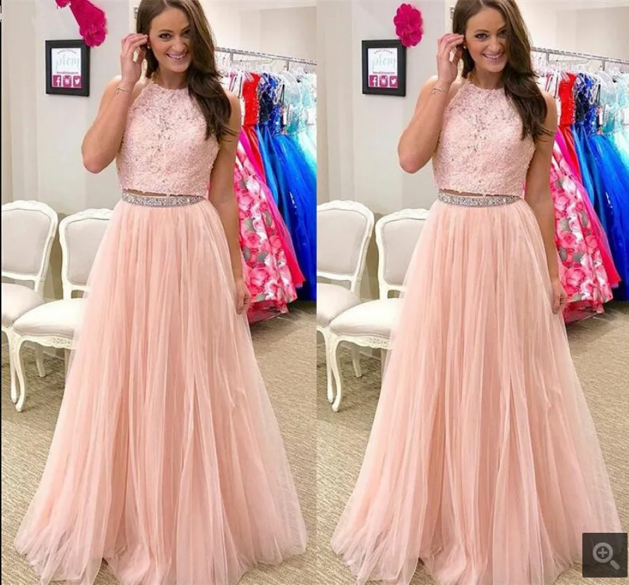 Robe de soiree Розовые Кружевные Аппликации из двух частей Выпускные платья вышитое блестящим бисером без рукавов линии дешевые платья на выпускной